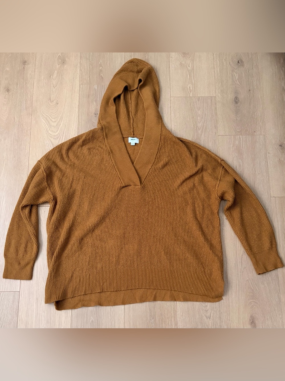 aerie Waffle-Knit Hooded Sweater in Caramel Brown